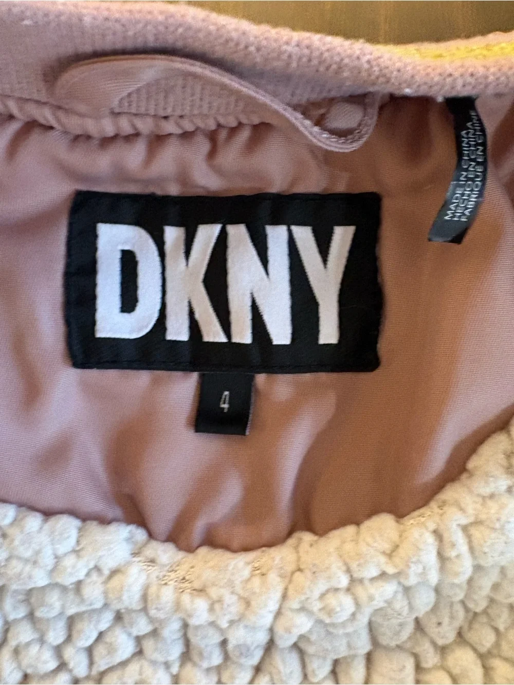 DKNY Bomber Jacket Girls Pink/Blush Size 4T Lined Faux Fur Gold Logo Spring Coat